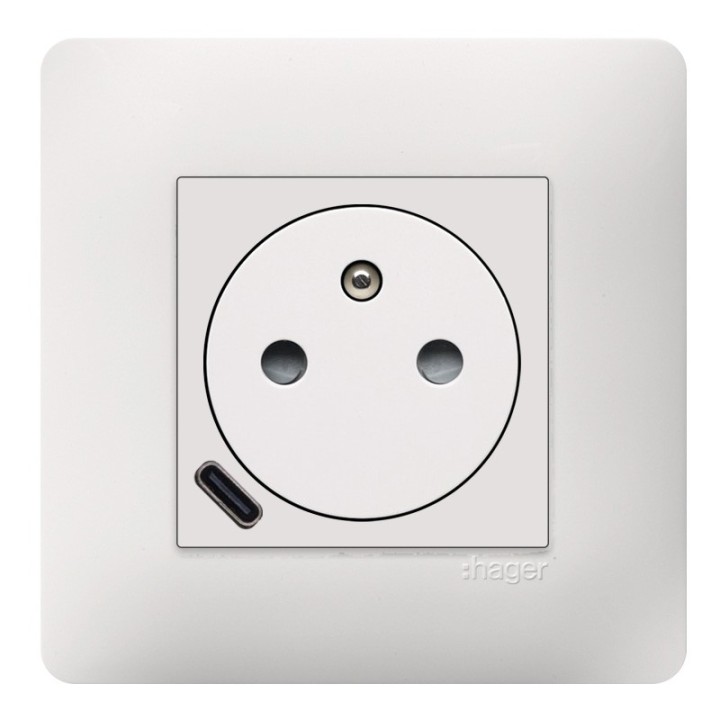Hager Essensya - Prise de courant affleurante essensya 2P+T avec USB-C Pure avec plaque de finition - Réf :  WE114P