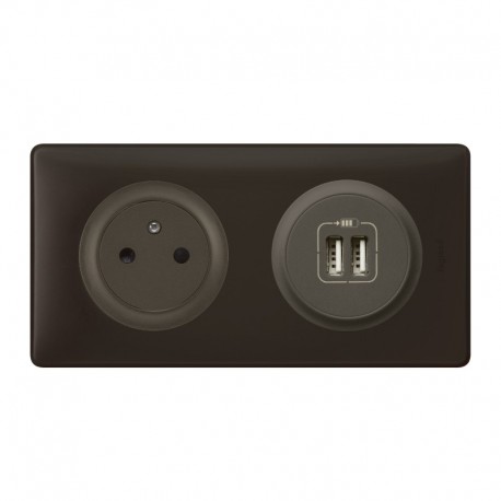 Prise + double chargeur USB Céliane graphite - Plaque Basalte