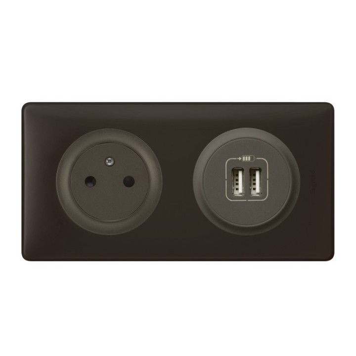 Legrand Céliane - Prise 2P+T + Prise Double USB - Ensemble Basalte complet - Réf : B009