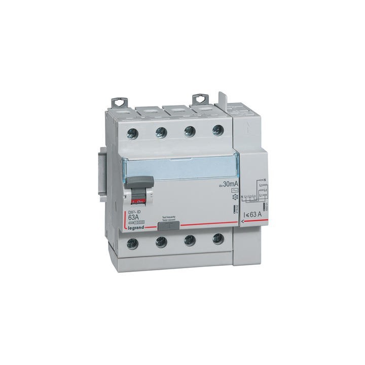 Legrand - Interrupteur différentiel DX³-ID arrivée haut à vis et départ haut auto - 4P 400V~ 63A AC 30mA - 5 m - Réf : 411653