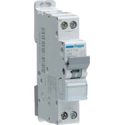 Hager - Disjoncteur 1P+N 6-10kA courbe C - 16A 1 module - Réf : NFT716