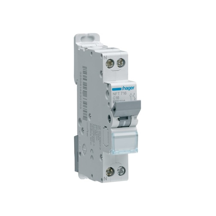 Hager - Disjoncteur 1P+N 6-10kA courbe C - 16A 1 module - Réf : NFT716