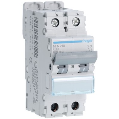 Hager - Disjoncteur 2P 6-10kA courbe C - 10A 2 modules - Réf : NFN210