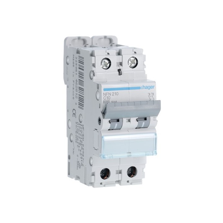 Hager - Disjoncteur 2P 6-10kA courbe C - 10A 2 modules - Réf : NFN210