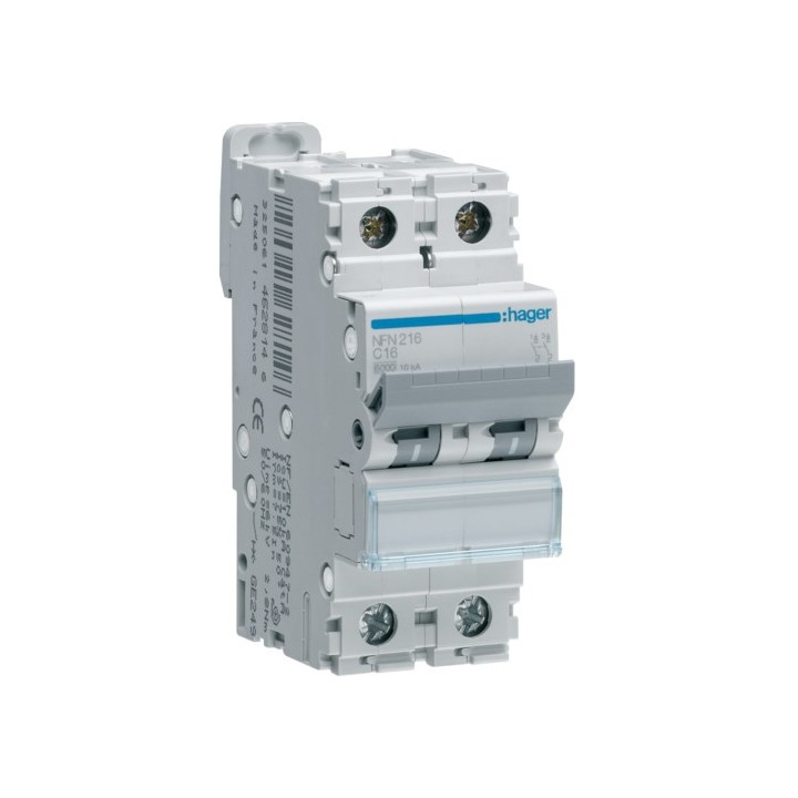Hager - Disjoncteur 2P 6-10kA courbe C - 16A 2 modules - Réf : NFN216