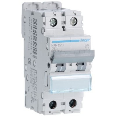 Hager - Disjoncteur 2P 6-10kA courbe C - 20A 2 modules - Réf : NFN220