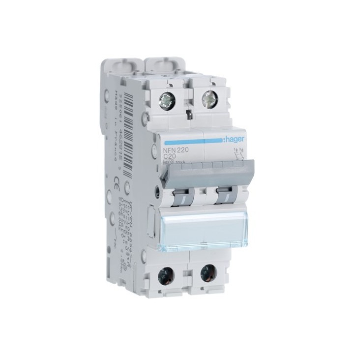 Hager - Disjoncteur 2P 6-10kA courbe C - 20A 2 modules - Réf : NFN220