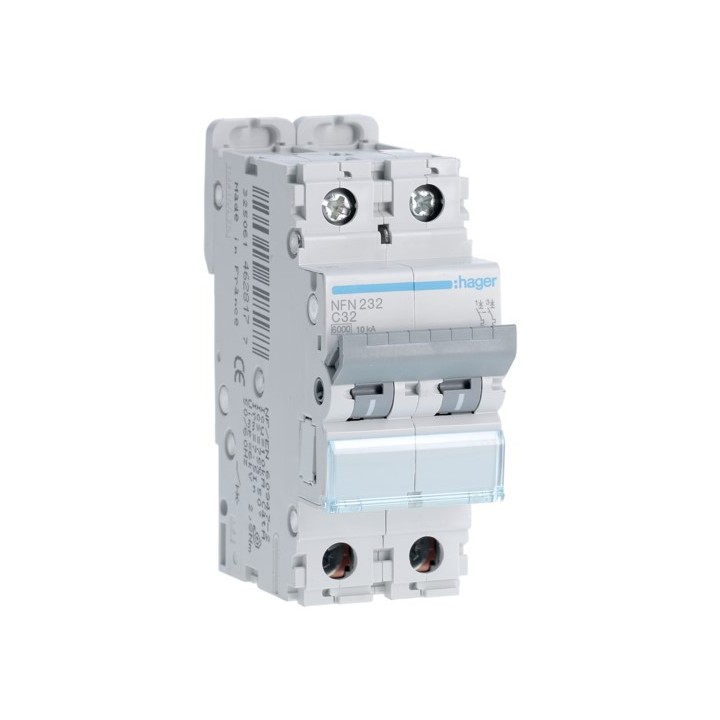 Hager - Disjoncteur 2P 6-10kA courbe C - 32A 2 modules - Réf : NFN232