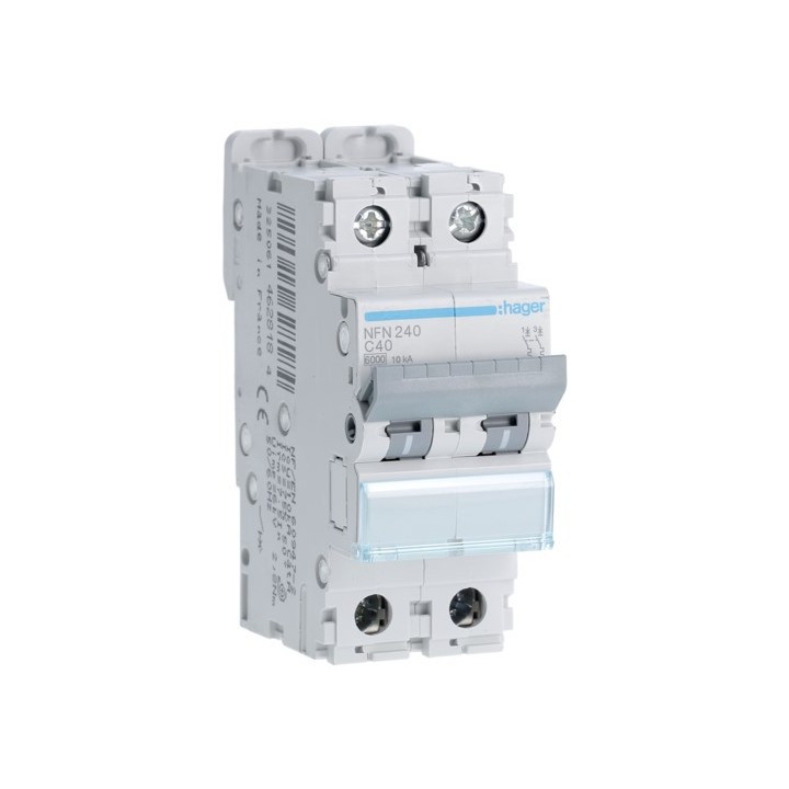 Hager - Disjoncteur 2P 6-10kA courbe C - 40A 2 modules - Réf : NFN240