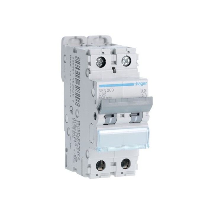 Hager - Disjoncteur 2P 6-10kA courbe C - 63A 2 modules - Réf : NFN263