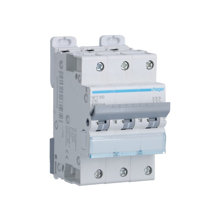 Hager - Disjoncteur 3P 6-10kA courbe C - 10A 3 modules - Réf : NFT310