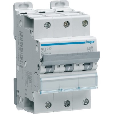Hager - Disjoncteur 3P 6-10kA courbe C - 16A 3 modules - Réf : NFT316