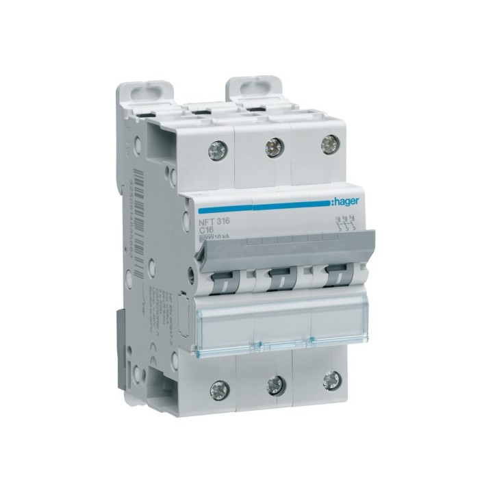 Hager - Disjoncteur 3P 6-10kA courbe C - 16A 3 modules - Réf : NFT316