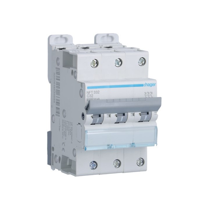 Hager - Disjoncteur 3P 6-10kA courbe C - 32A 3 modules - Réf : NFT332