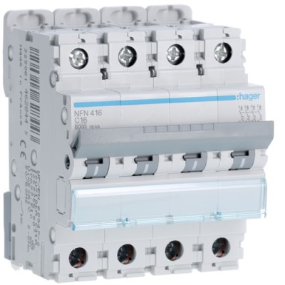 Hager - Disjoncteur 4P 6-10kA courbe C - 16A 4 modules - Réf : NFN416