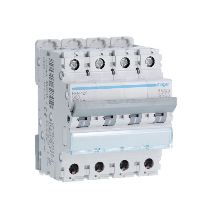 Hager - Disjoncteur 4P 6-10kA courbe C - 20A 4 modules - Réf : NFN420
