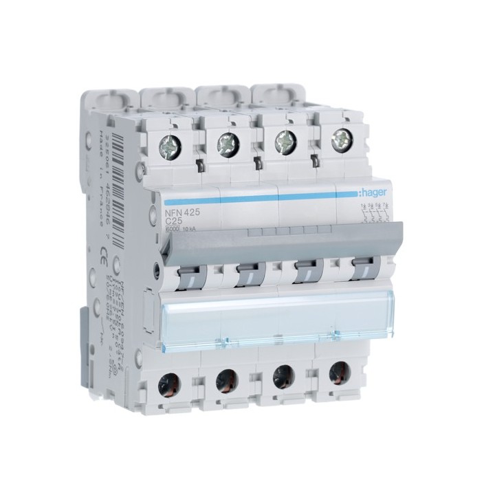 Hager - Disjoncteur 4P 6-10kA courbe C - 25A 4 modules - Réf : NFN425