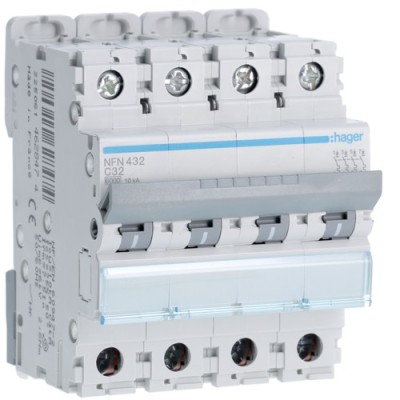 Hager - Disjoncteur 4P 6-10kA courbe C - 32A 4 modules - Réf : NFN432