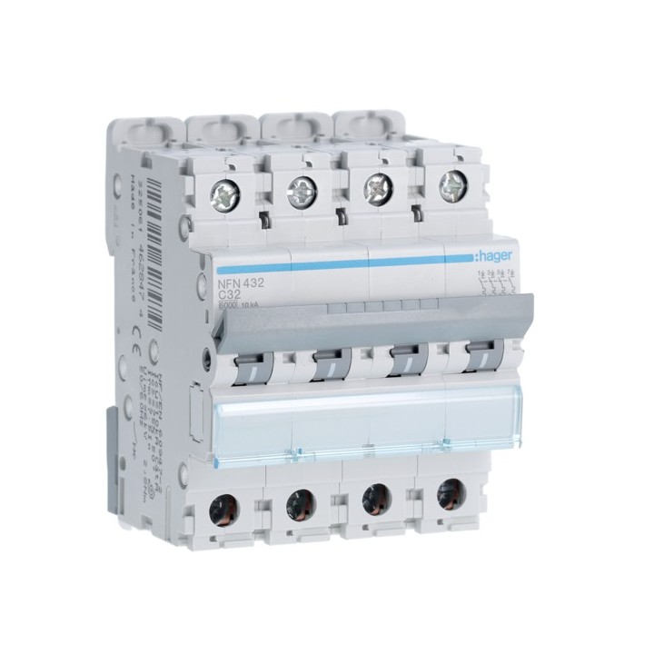 Hager - Disjoncteur 4P 6-10kA courbe C - 32A 4 modules - Réf : NFN432