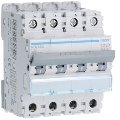 Hager - Disjoncteur 4P 6-10kA courbe C - 50A 4 modules - Réf : NFN450