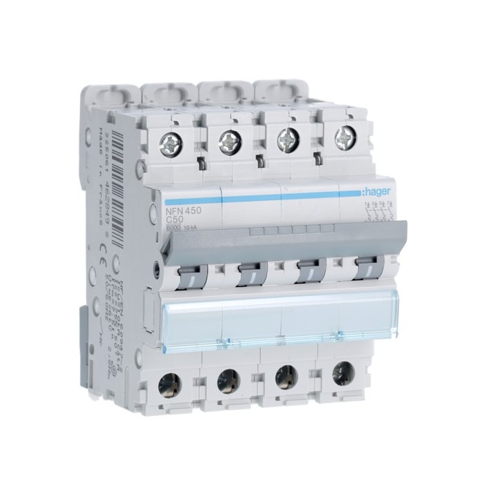 Hager - Disjoncteur 4P 6-10kA courbe C - 50A 4 modules - Réf : NFN450
