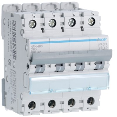 Hager - Disjoncteur 4P 6-10kA courbe C - 63A 4 modules - Réf : NFN463