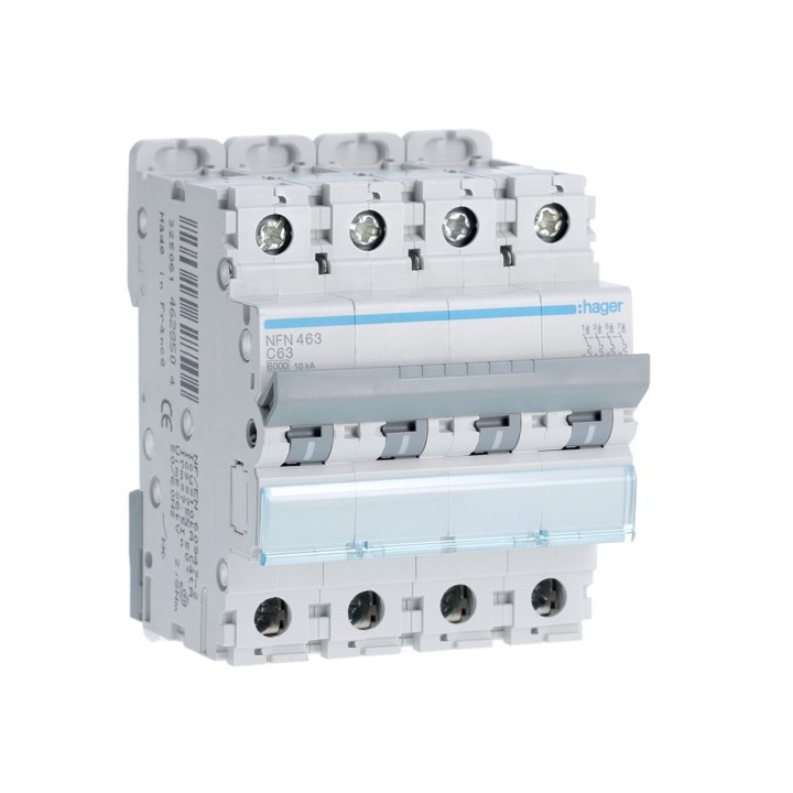 Hager - Disjoncteur 4P 6-10kA courbe C - 63A 4 modules - Réf : NFN463