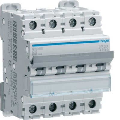 Hager - Disjoncteur 4P 6-10kA courbe C - 10A 4 modules - Réf : NFN410