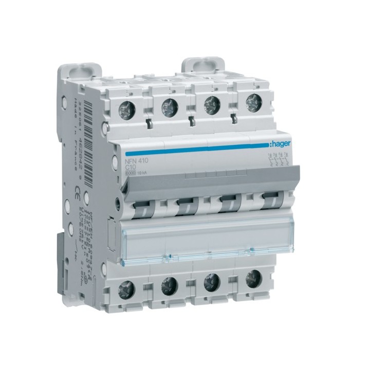 Hager - Disjoncteur 4P 6-10kA courbe C - 10A 4 modules - Réf : NFN410