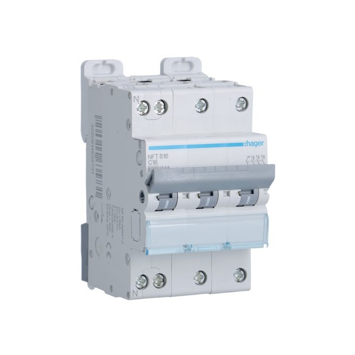 Hager - Disjoncteur 3P+N 6-10kA courbe C - 16A 3 modules - Réf : NFT816