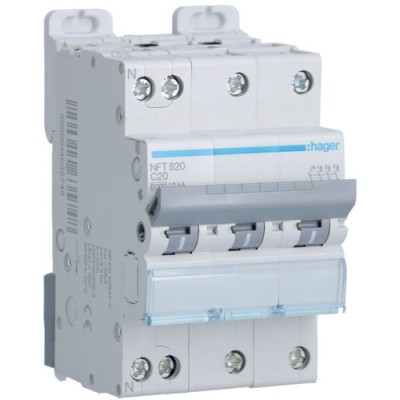 Hager - Disjoncteur 3P+N 6-10kA courbe C - 20A 3 modules - Réf : NFT820