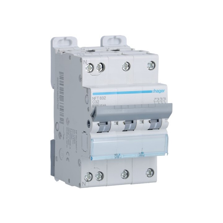 Hager - Disjoncteur 3P+N 6-10kA courbe C - 32A 3 modules - Réf : NFT832