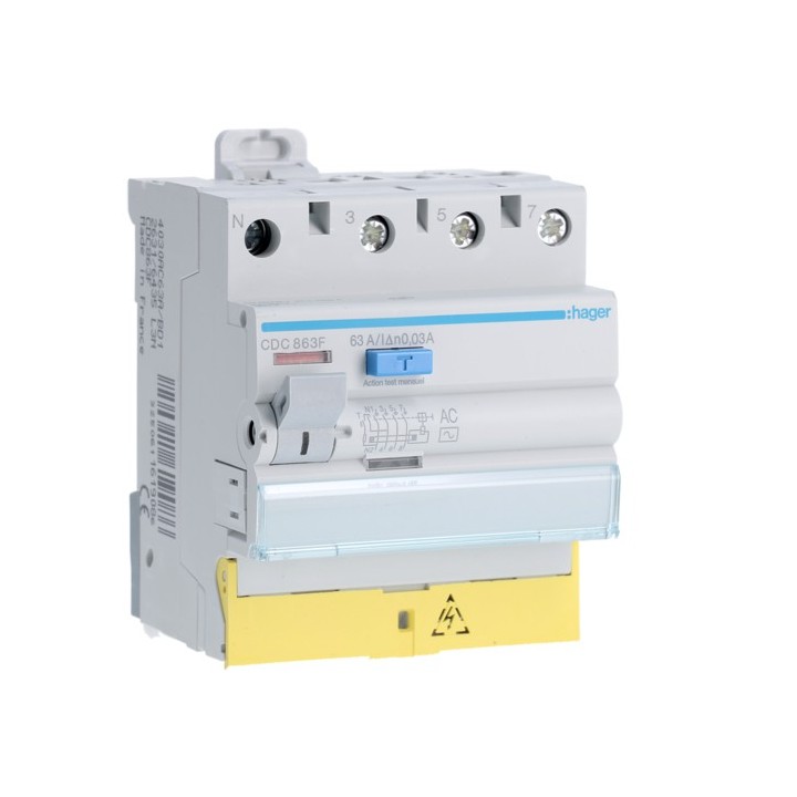 Hager - Interrupteur différentiel 3P+N 63A 30mA type AC à bornes décalées - Réf : CDC863F