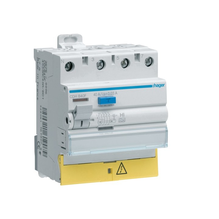 Hager - Interrupteur différentiel 3P+N 40A 30mA type haute immunité à bornes décalées - Réf : CDH840F