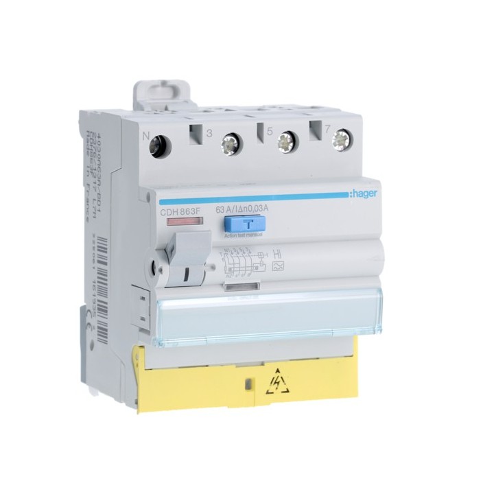 Hager - Interrupteur différentiel 3P+N 63A 30mA type haute immunité à bornes décalées - Réf : CDH863F