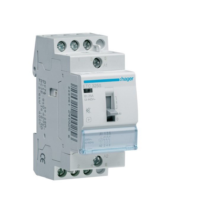 Hager - Contacteur Silencieux Jour-Nuit 25A - 3F - 230V - Réf : ETC325S
