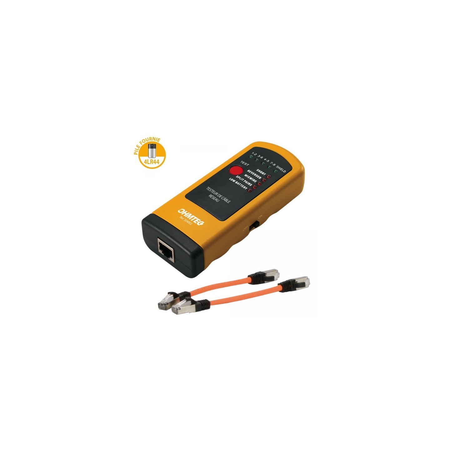 Testeur Rj45 Debit Ohmtec - Testeur de câble réseau RJ45 + 2 câbles 15cm - Réf : 504002