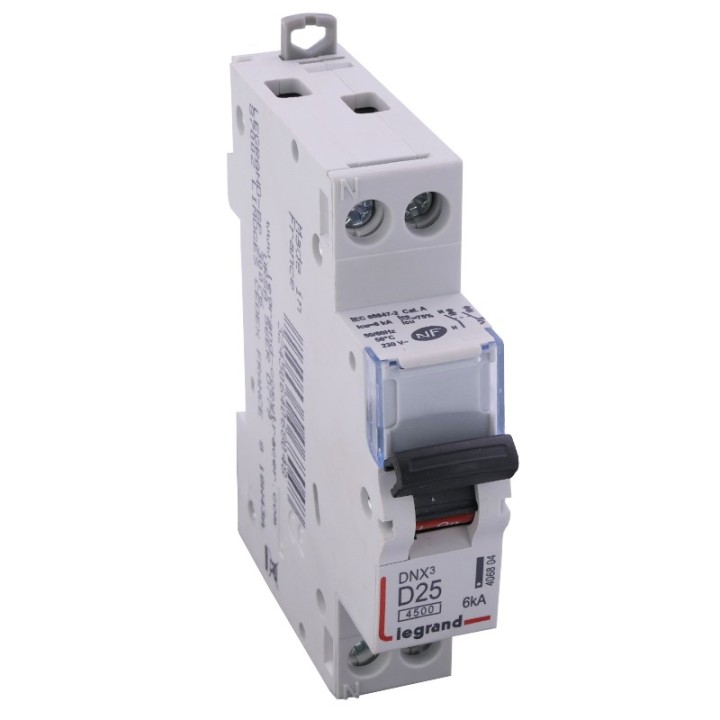 Legrand - Disjoncteur DNX³ 4500 - vis/vis - U+N 230V~ 25A - 4,5kA - courbe D - 1 mod - Réf : 406804
