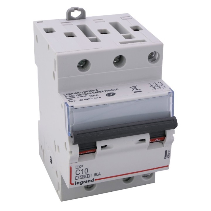 Legrand - Disjoncteur DX³ 4500 - vis/vis - 3P - 400 V~ - 10A - 6kA - courbe C - 1 module - Réf : 406890
