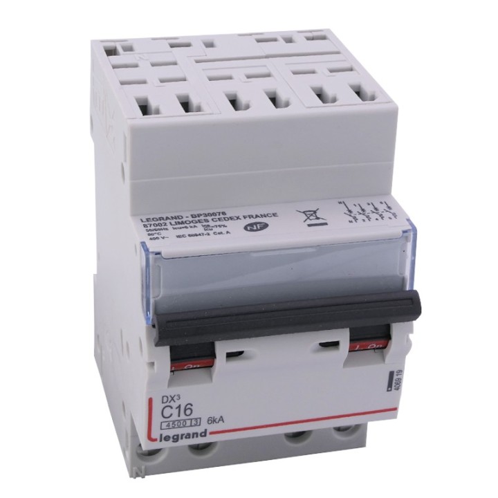 Legrand - Disjoncteur DX³ 4500 - auto/vis - 4P - 400 V~ - 16A - 6kA - courbe C - 3 modules - Réf : 406919