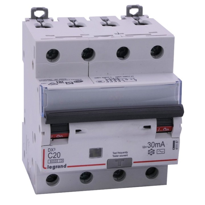 Legrand - Disjoncteur diff DX³ 6000 - vis/vis - 4P 400V~ - 20A - type AC 30mA - courbe C - 4 mod - Réf : 411187