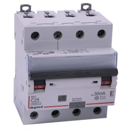 Legrand - Disjoncteur diff DX³ 6000 - vis/vis - 4P 400V~ - 25A - type AC 30mA - courbe C - 4 mod - Réf : 411188