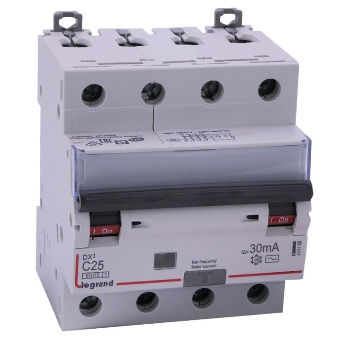 Legrand - Disjoncteur diff DX³ 6000 - vis/vis - 4P 400V~ - 25A - type AC 30mA - courbe C - 4 mod - Réf : 411188