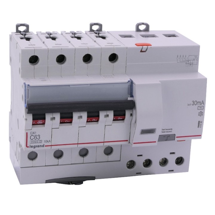 Legrand - Disjoncteur diff DX³ 6000 - vis/vis - 4P 400V~ - 63A - type AC 30mA - courbe C - 7 mod - Réf : 411192