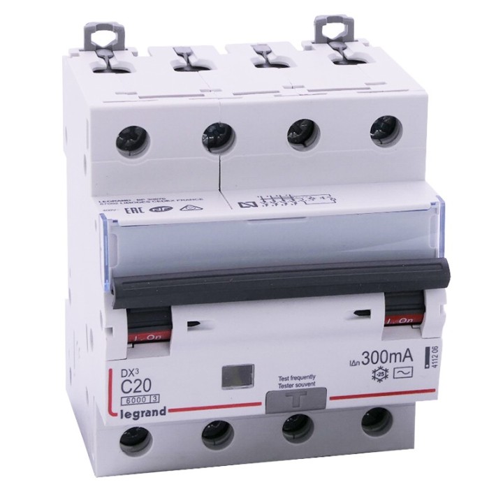 Legrand - Disjoncteur diff DX³ 6000 - vis/vis - 4P 400V~ - 20A - type AC 300mA - courbe C - 4 mod - Réf : 411206