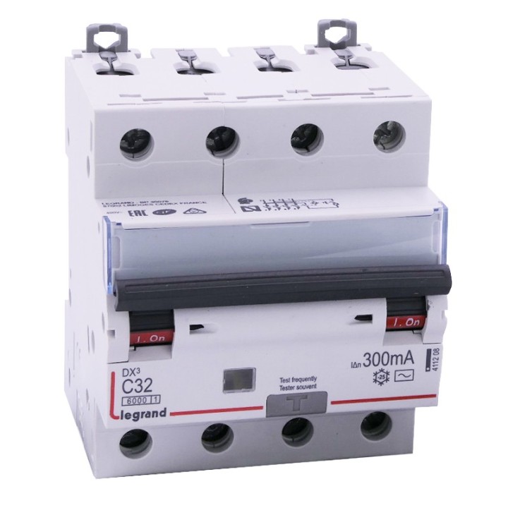 Legrand - Disjoncteur diff DX³ 6000 - vis/vis - 4P 400V~ - 32A - type AC 300mA - courbe C - 4 mod - Réf : 411208