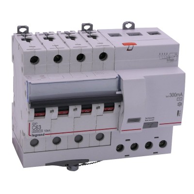 Legrand - Disjoncteur diff DX³ 6000 - vis/vis - 4P- 400V~ - 63A - typeAC 300mA - courbe C - 7 mod - Réf : 411211