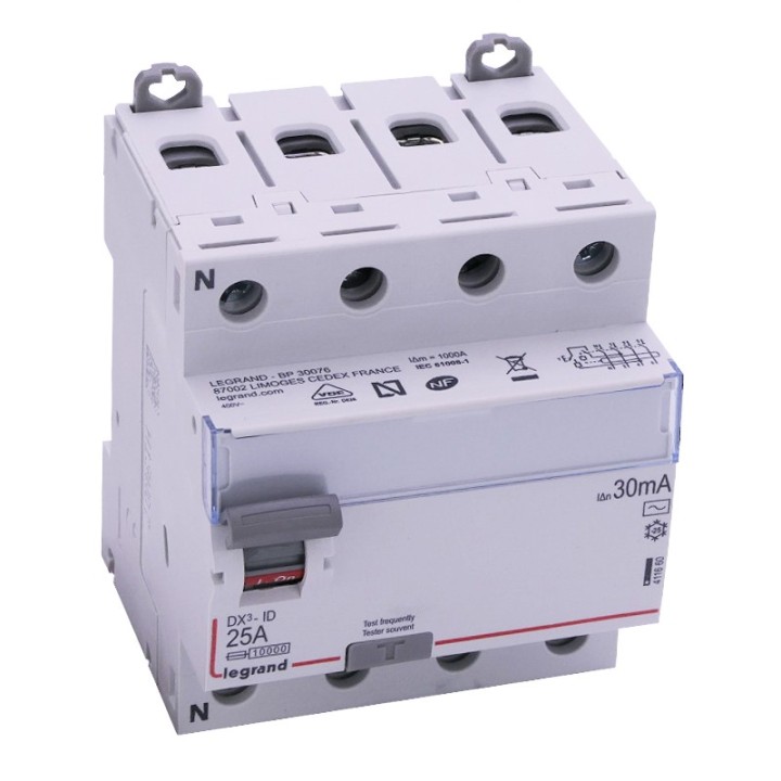 Legrand - Inter diff DX³-ID - vis/vis - 4P - 400V~- 25A - type AC - 30mA - départ bas - 4M - Réf : 411660