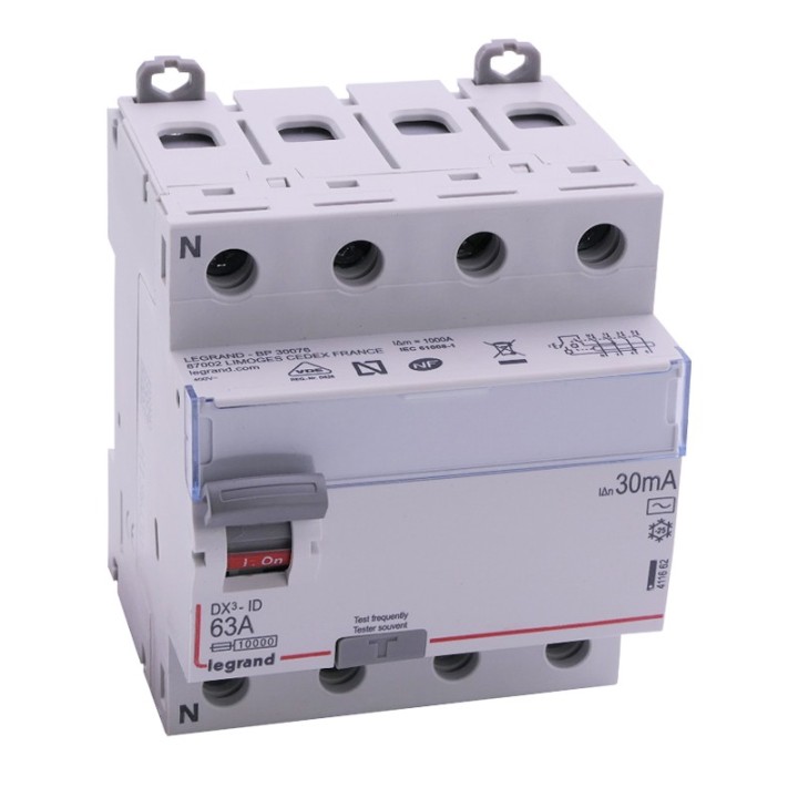 Legrand - Inter diff DX³-ID - vis/vis - 4P - 400V~ - 63A - type AC - 30mA - départ bas - 4M - Réf : 411662