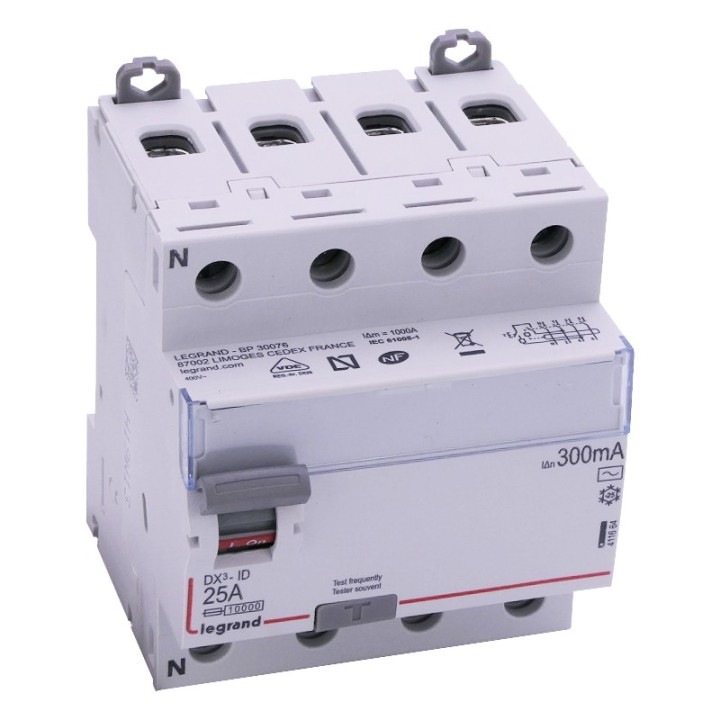 Legrand - Inter diff DX³-ID - vis/vis - 4P - 400V~ - 25A - type AC - 300mA - départ bas - 4M - Réf : 411664
